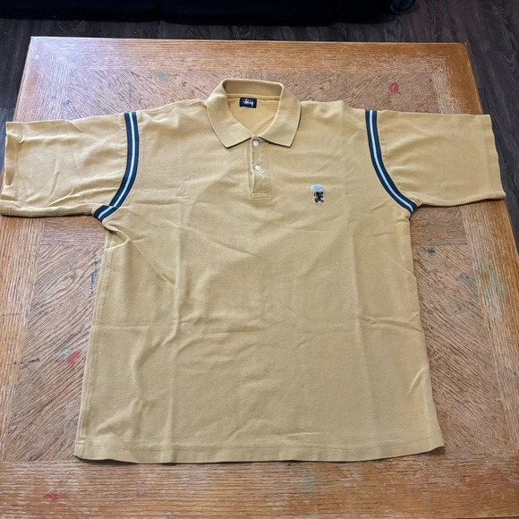 Vintage Stussy Khaki Polo - Size Medium Men’s Tan Polo Blue Black Griffin Logo - Picture 1 of 9